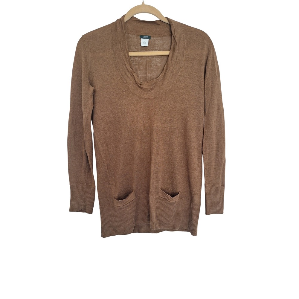 J.Crew Womens XS Brown 100% Linen Cowl Neck Pocket Sweater RN77388